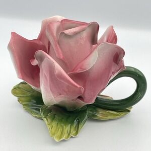 Vintage 1970s Capodimonte Porcelain Pink Rose Candle Holder Floral Italy